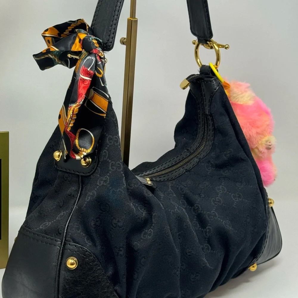 💯Gucci GG Black Canvas Large Jockey Hobo Bag - Picture 4 of 10